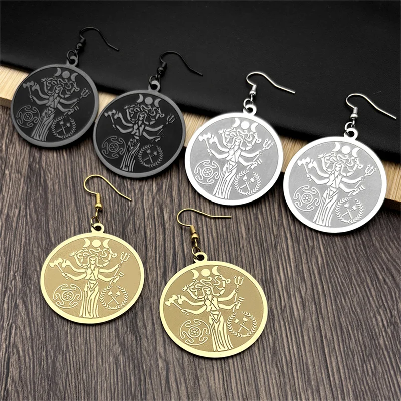 Wicca Triple Moon Goddness Hekate Wheel Torch Dangle Earrings For Women Men Stainless Steel Gold Color Snake Trident Jewelry