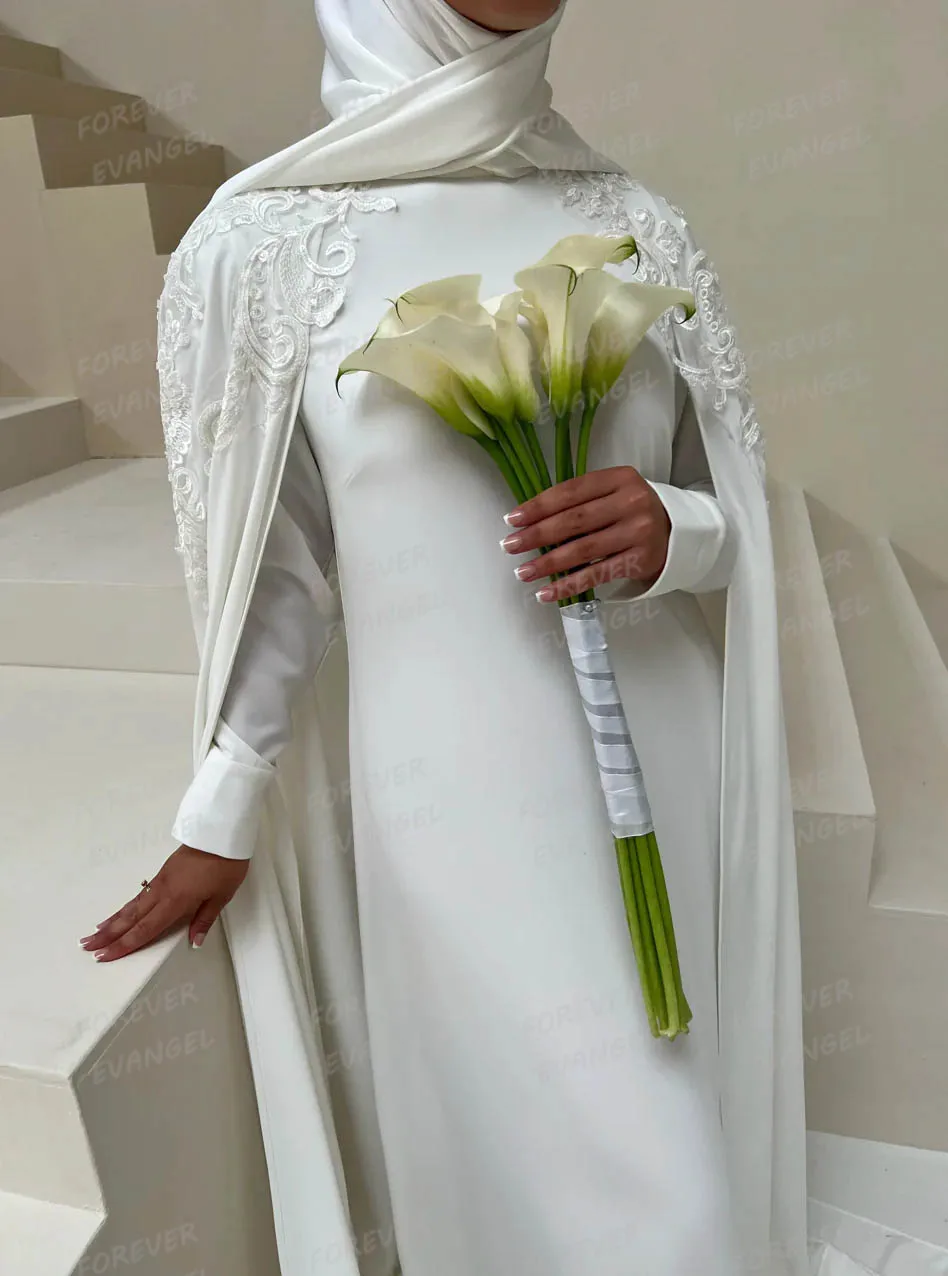 Simple Sexy Arab Wedding Dresses Shawl Appliques Woman's Bride Gowns Customized Satin Long Sleeve Formal Vestidos De Novia Party