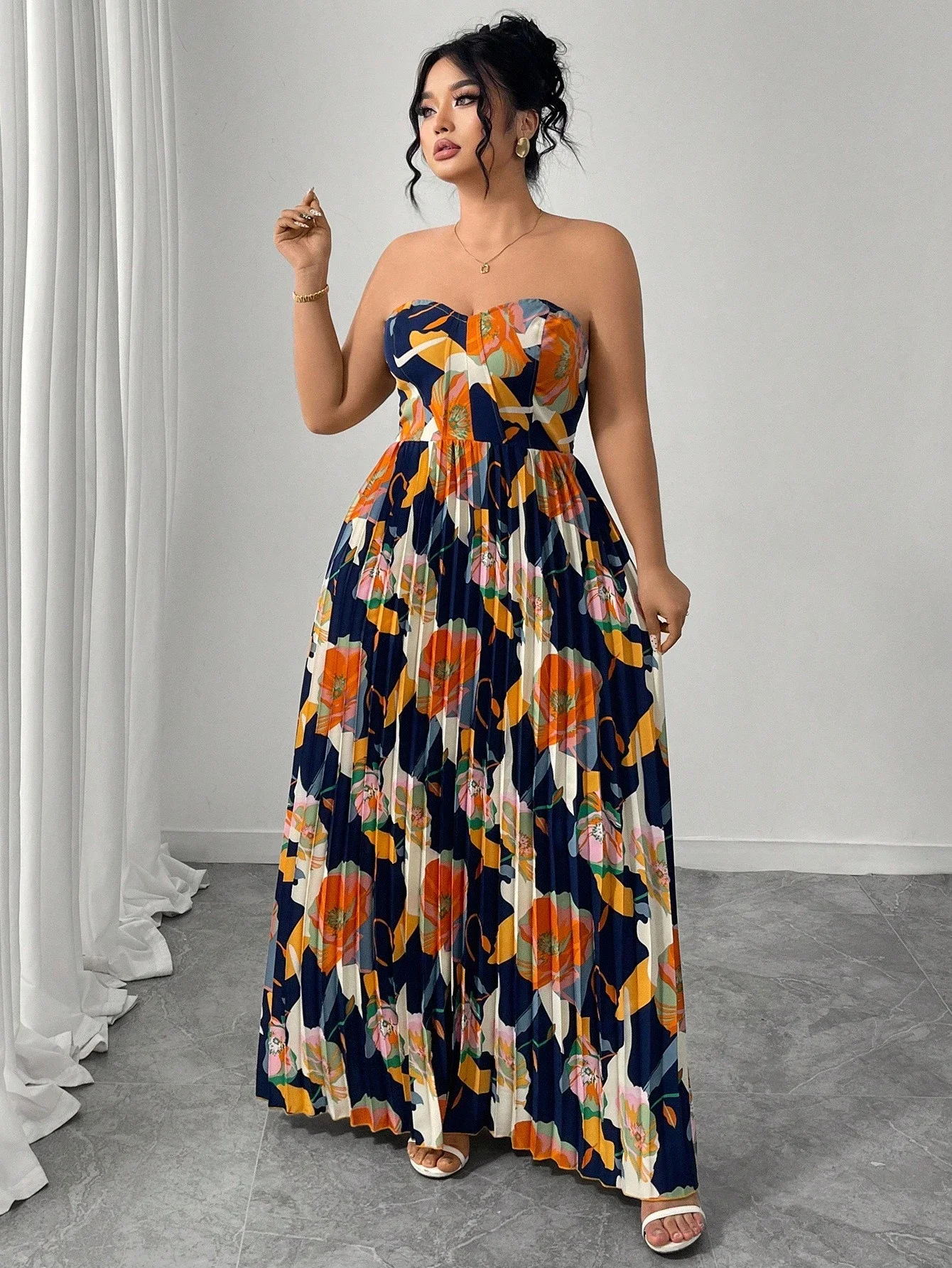 

Plus Size Women Elegant Floral Strapless A-Line Maxi Dress Summer Vacation