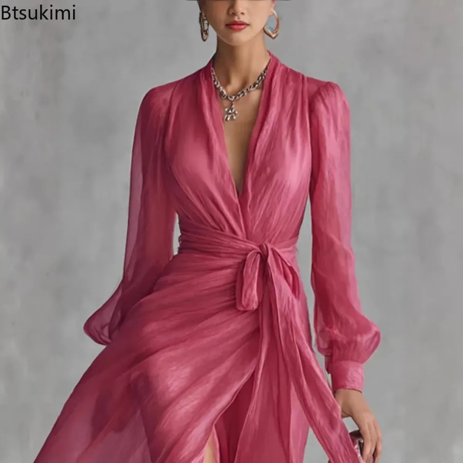 New Fashion Solid Color V-neck Party Long Dresses for Women Summer Elegant Long Sleeve Lace Up Maxi Dress Ladies Casual Vestidos view 2