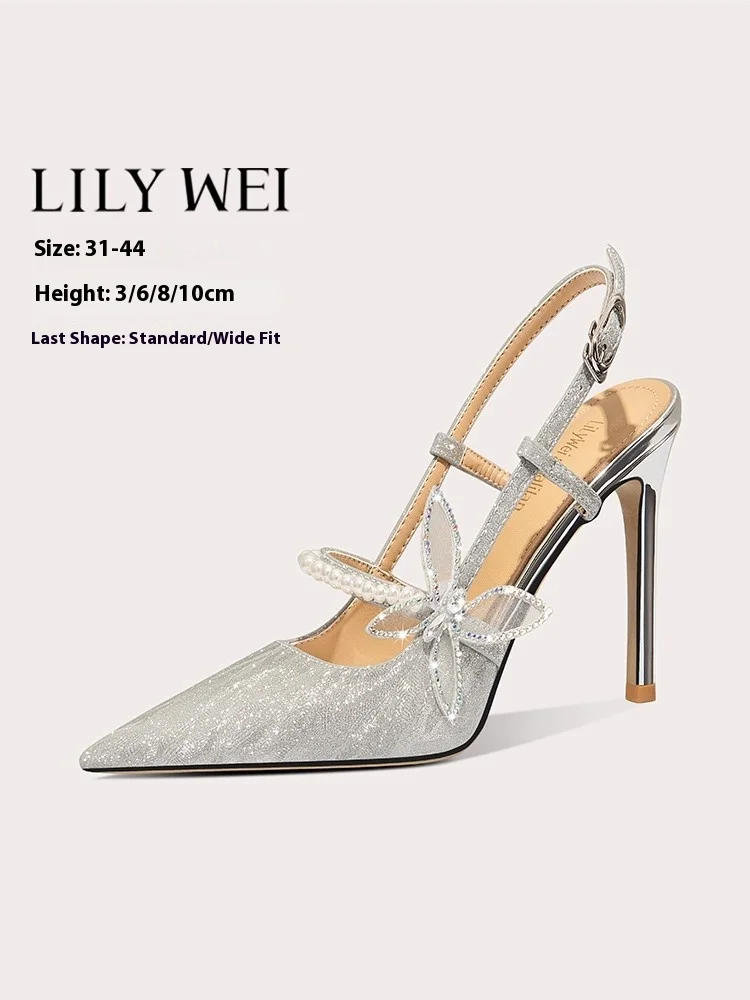 

Thin-heeled sandals summer new mesh butterfly sequins rhinestone wedding shoes banquet large size small size widened women shoes