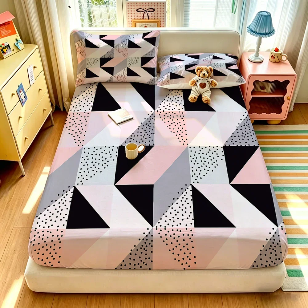 3PCS Pink Black Geometric Polka Dot Patchwork Fitted Sheet Set, Soft Bedroom Bedding Decor, No Core