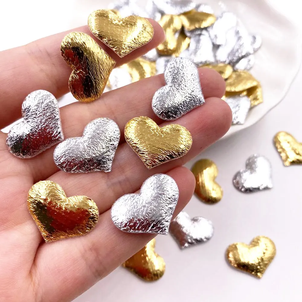 200pcs 20mm Padded Gold Silver Cloth Pretty Heart Shape Appliques Wedding Patches DIY Headdress Bow Accessories Craft Supplies