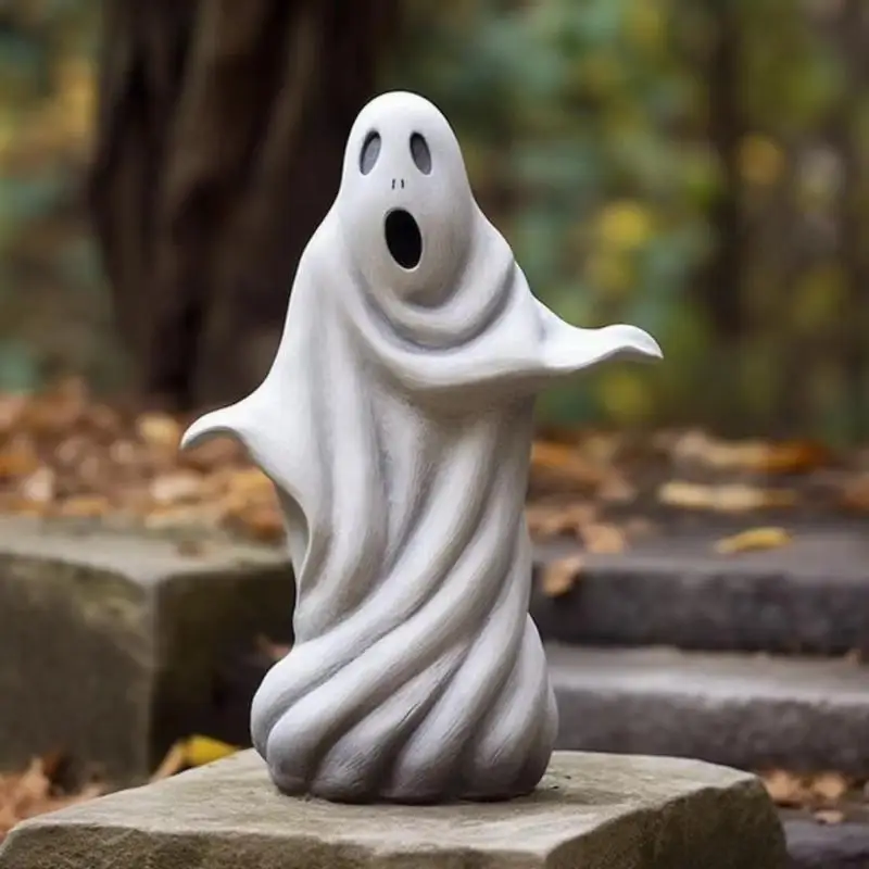 Resin Craft White Ghost Sculpture Halloween Cute Garden Statue Outdoor Yard Tabletop Ornament Home Holiday Party Decoration