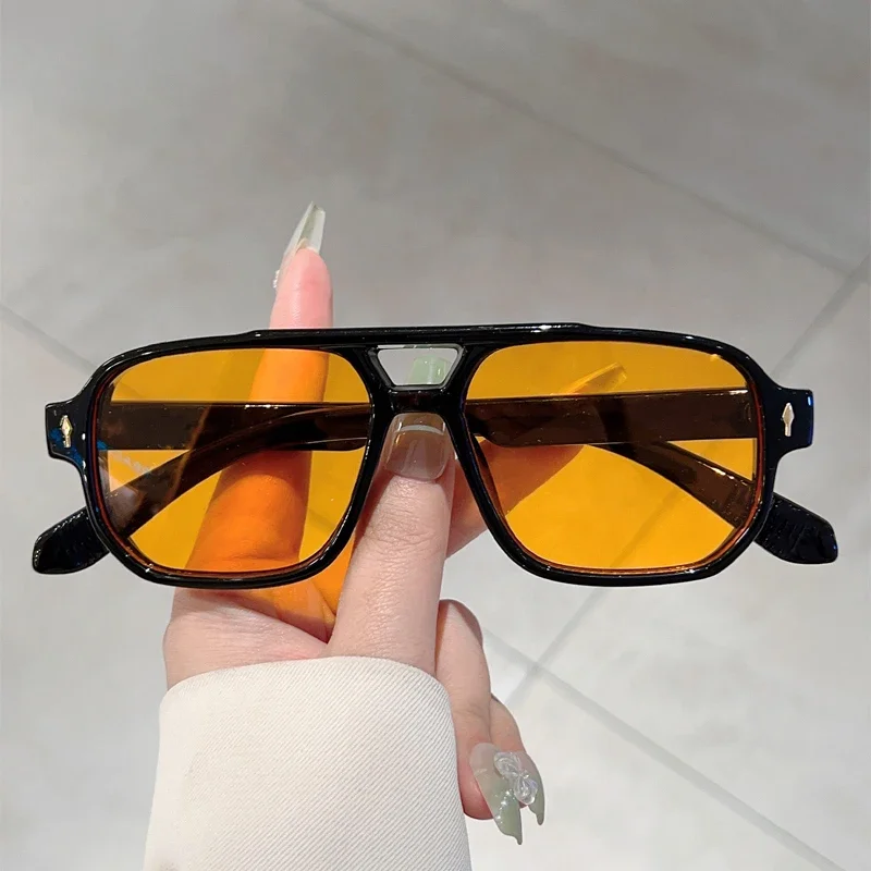 KAMMPT Vintage Rectagnle Sunglasses Men Fashion Double Bridge Square Candy Color Rim Shades Women Chic Korean Style Sun Glasses
