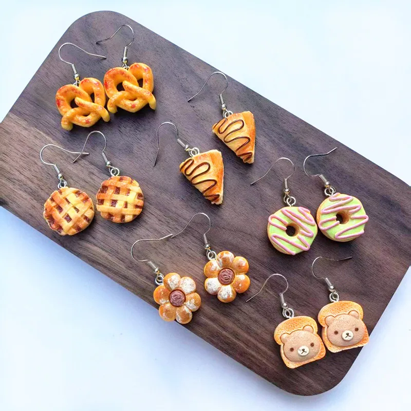 Cartoon Resin Bear Flower Toast Cake Donut Earrings Fun Food Dangle Earring Jewelry Gifts for Children Girls