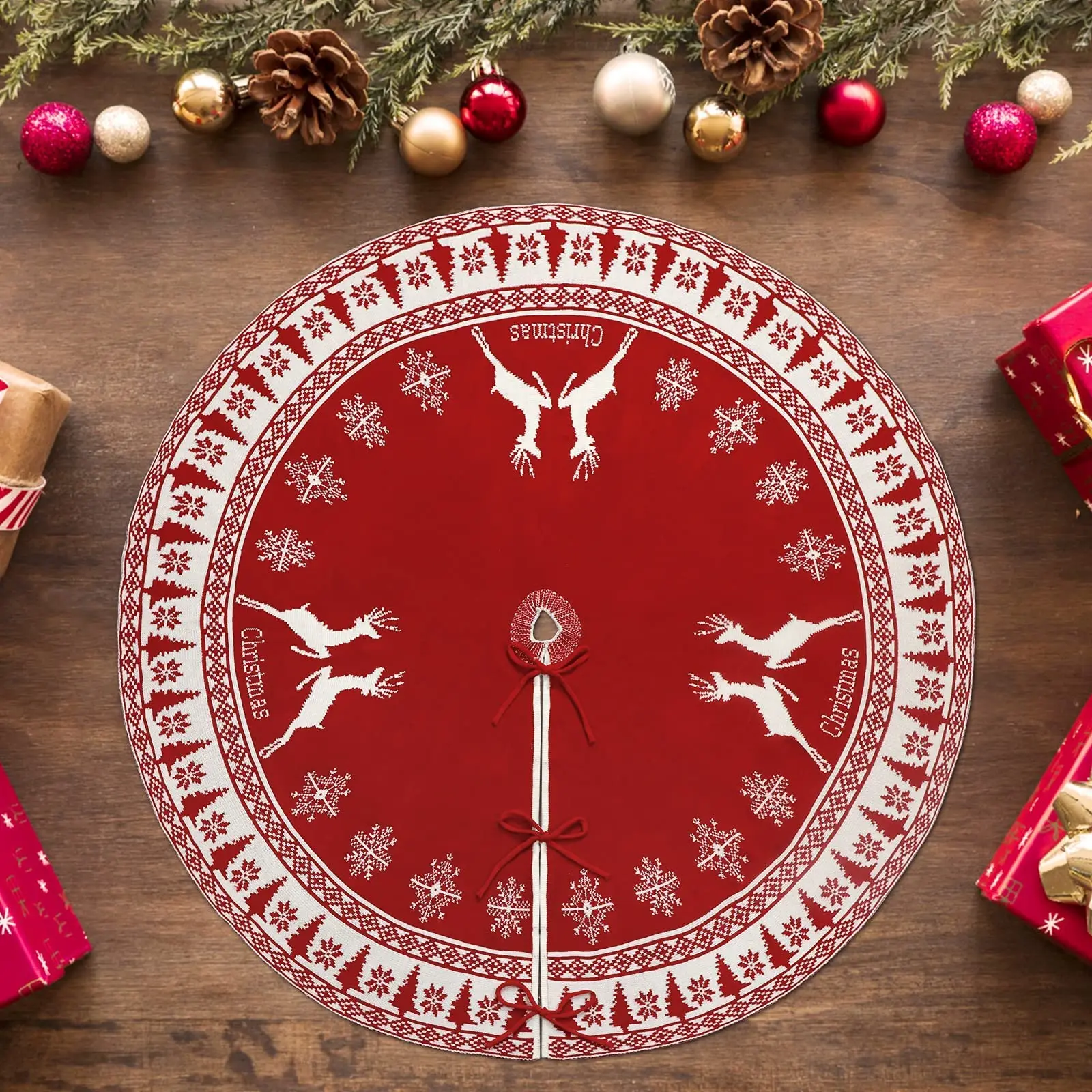 Ourwarm Christmas Indoor Decoration Tree Skirt 48 Inch Rustic Xmas Tree Skirt With Snowflake Red Reindeer Knit For Home Decor