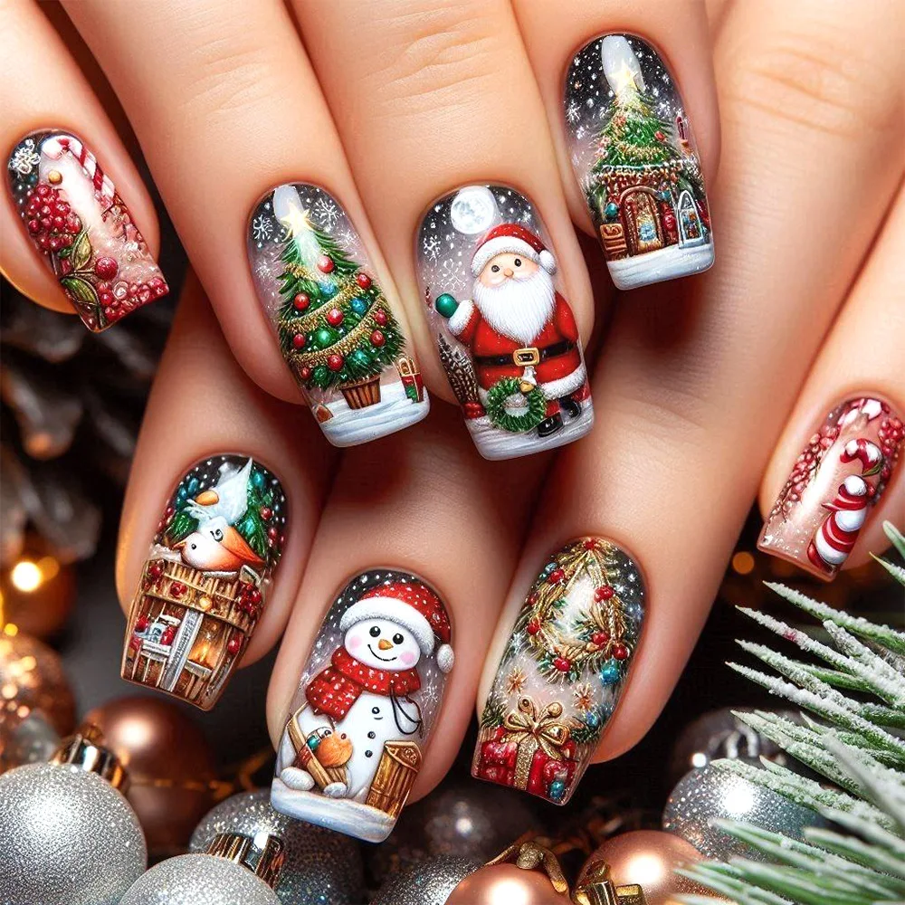

24Pcs Mid-length Square Head Fake Nail Snowman Wooden House Design Press on False Nails Christmas Wearable Full Cover Nails Tips