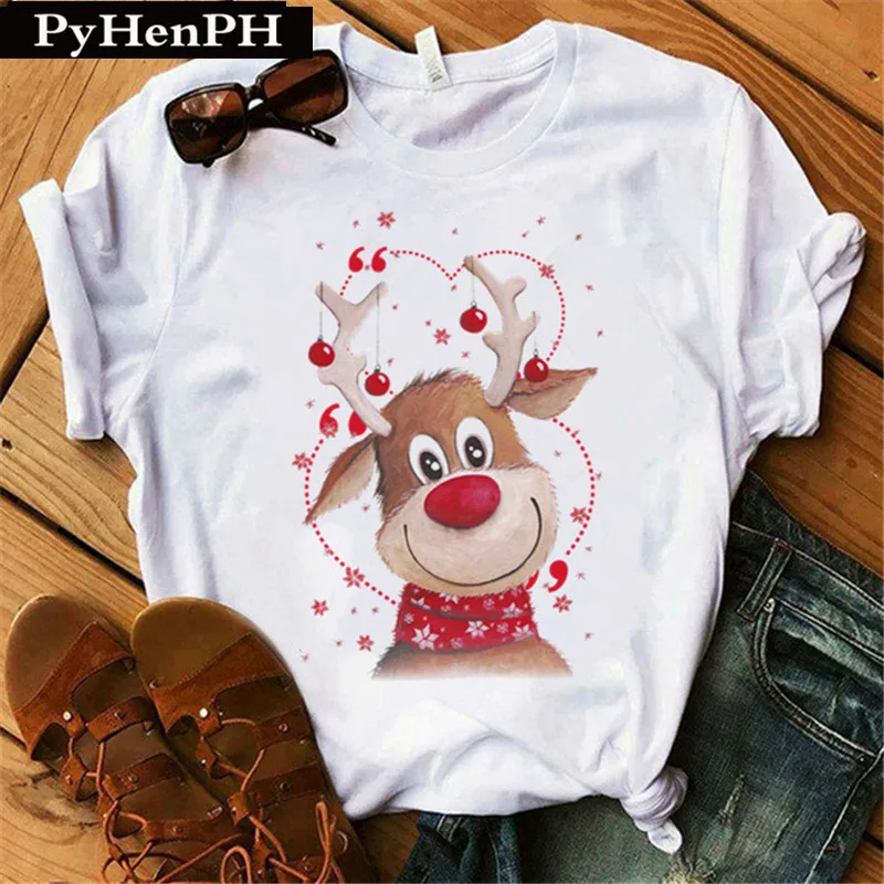 Merry Chirstmas T Shirt Cute Christmas Moose T-shirt Girl Short Sleeve Couple Bestie Outfit Instagram Tops  Women Clothes