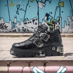 2026 Men and Women Vintage Rock Couple Shoes New Dark Punk Leather Retro Boots Metal Niche Design Unisex Single Platform Shoes