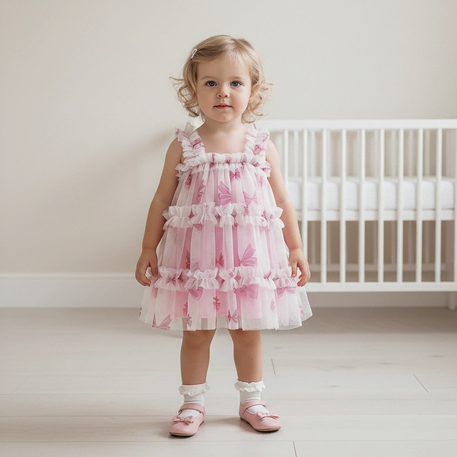1-4Y Toddler Kids Girls Sleeveless Tulle Mesh Dress Bow Patterns Layered Ruffles Suspender Princess A Line Dresses