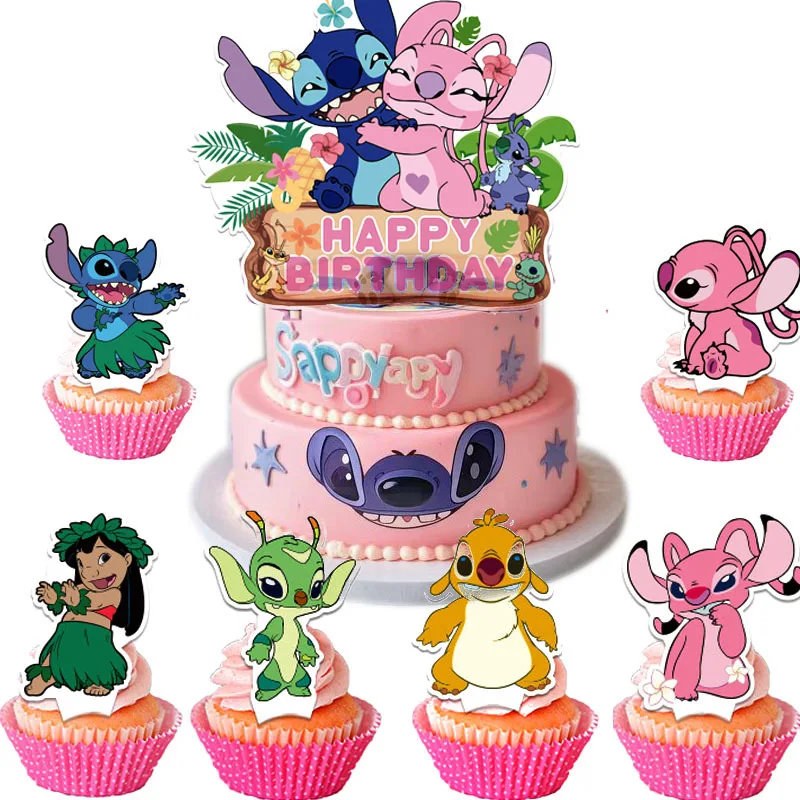 1 مجموعة ليلو وستيتش كعكة توبر الوردي ستيتش كب كيك توبر للأطفال عيد ميلاد سعيد كعكة الديكور استحمام الطفل هدايا الحفلات #1