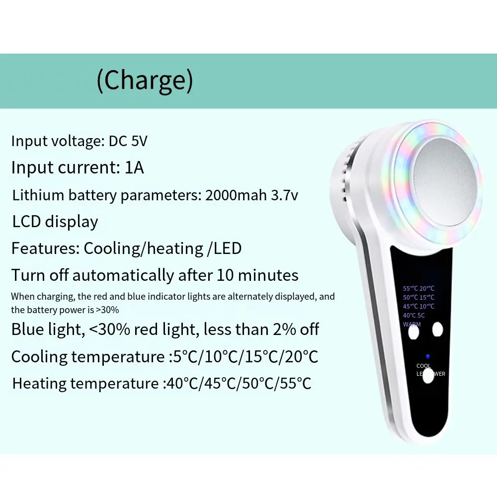 Instrumento de beleza fóton recarregável, luz vermelha, azul, verde, antirrugas, martelo quente e frio, portátil, levantamento da pele