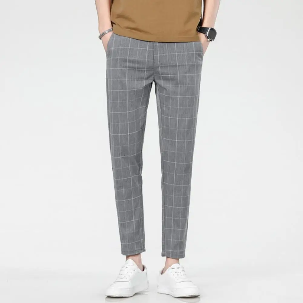 Men Plaid Print Trousers Plaid Print Slim Ninth Pants with Side Pockets Stretchy Business Trousers