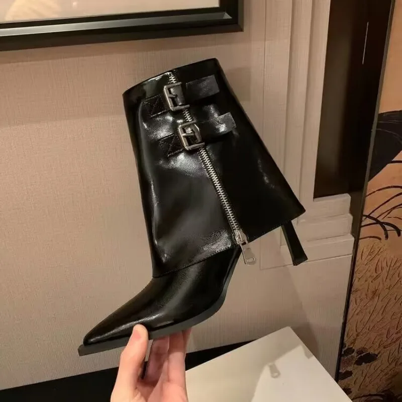 Pointed Toe Trouser Boots Mid-Calf Side Zipper Belt Buckle Detail Platform Women Cool Girl Stiletto Heels Boots Unique Newest