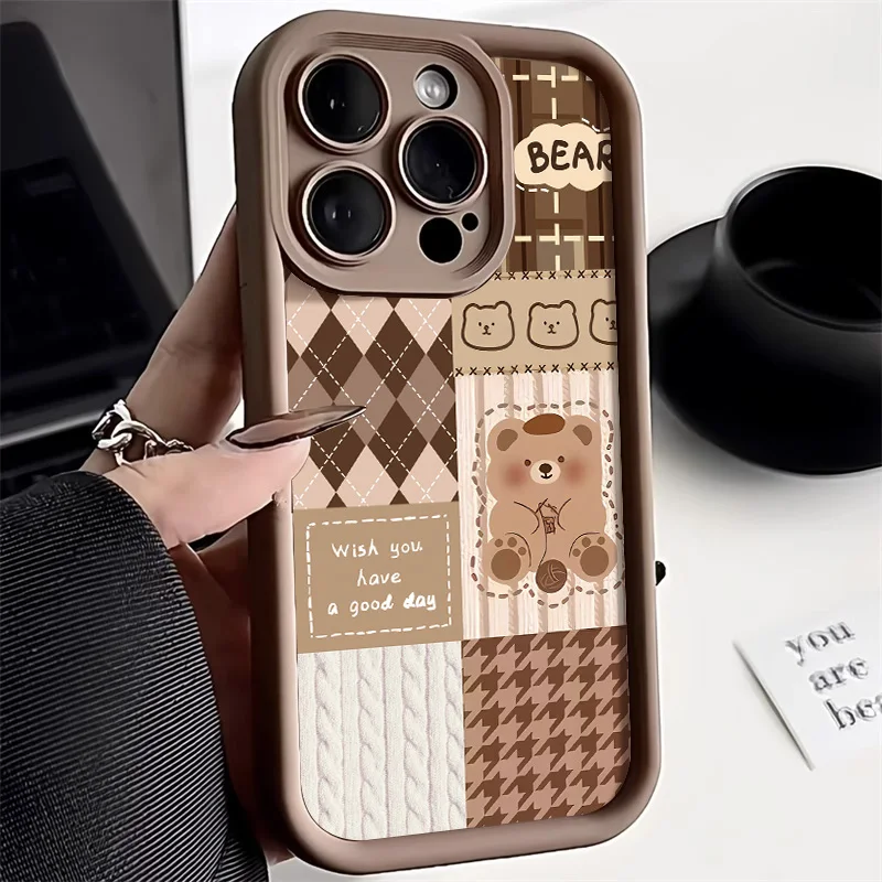 INS Retro Cute Bear Silicone Phone Case For iPhone 11 12 13 14 15 Pro Max 7 8 Plus XS X XR SE Shockproof Bumper Back Cases Cover