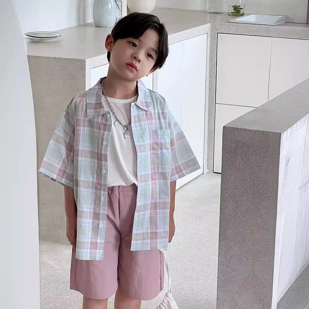 2025 Summer New Boys' Korean Children's Clothing Blue Pink Checkered Printed Water Washed Cotton Collar Short Sleeve Shirt