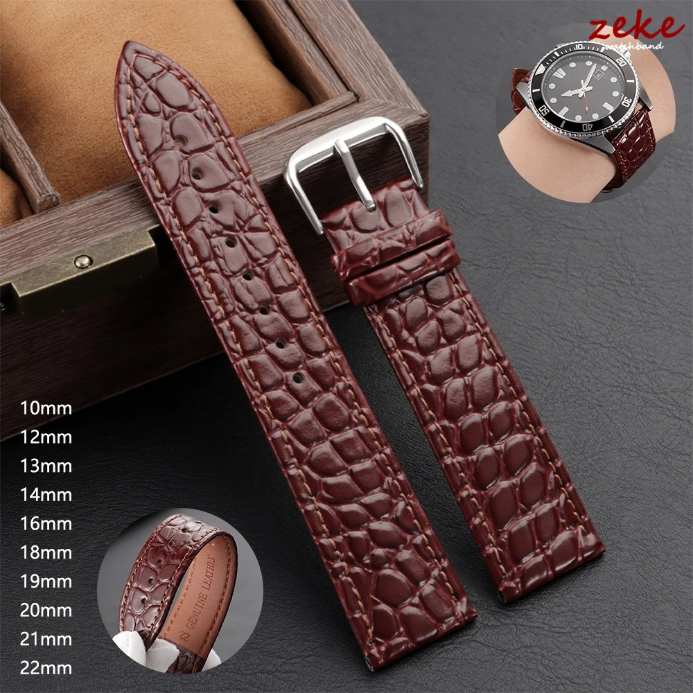 Dress Watch Ultra Thin - Schwarzbraunes Leder-Uhrenarmband aus Krokodilleder, 10/12/13/14/16/18/19/20/21/22 mm,