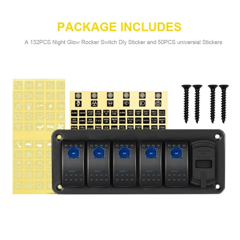 5 Gang Rocker Switch Panel with 4.8 Amp Dual USB Charger Voltmeter Waterproof 12V 24V DC Rocker Switch with Night Glow Stickers