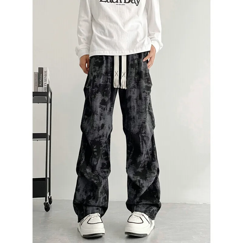 Beige Casual Pants Men Fashion Retro Straight Pants Men Streetwear Hip-hop Loose Tie Dye Pants Mens Vintage Trousers M-3XL