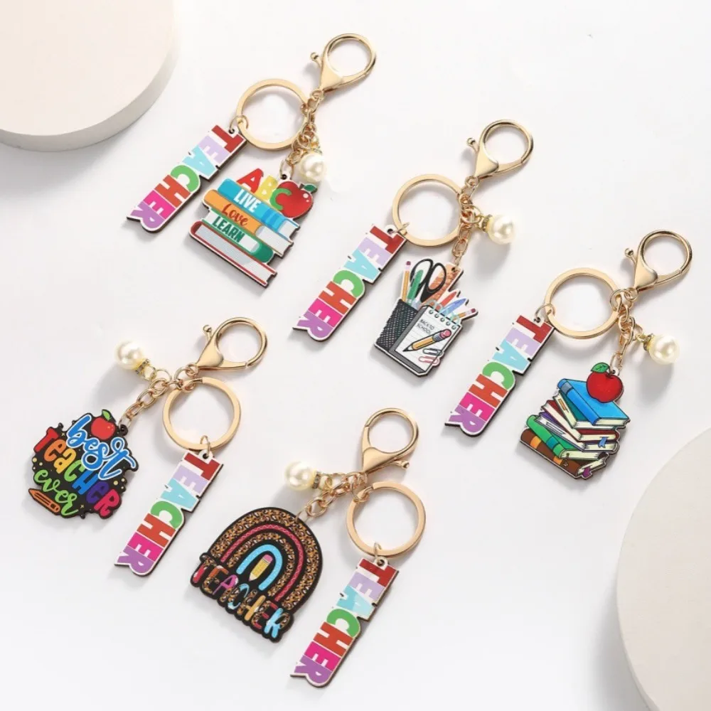 Wooden Teacher's Day Keychain Geometric Shape English Letter Text Keychain Pendant Notebook Charm Pen Holder Key Ring