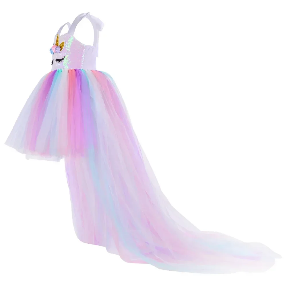 Kids Long Tail Unicorn Dress with LED Lights Girls Birthday Party Dress Princess Carnival Costume Hairband Pastel Rainbow Gown