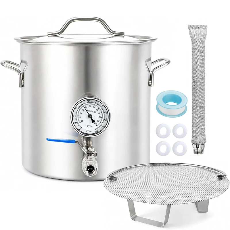 20L Brew Kettle Stainless Steel Brew Pot with Thermometer & False Bottom & Ball Valve, Dual Filtration Kettle for Beer Brewing
