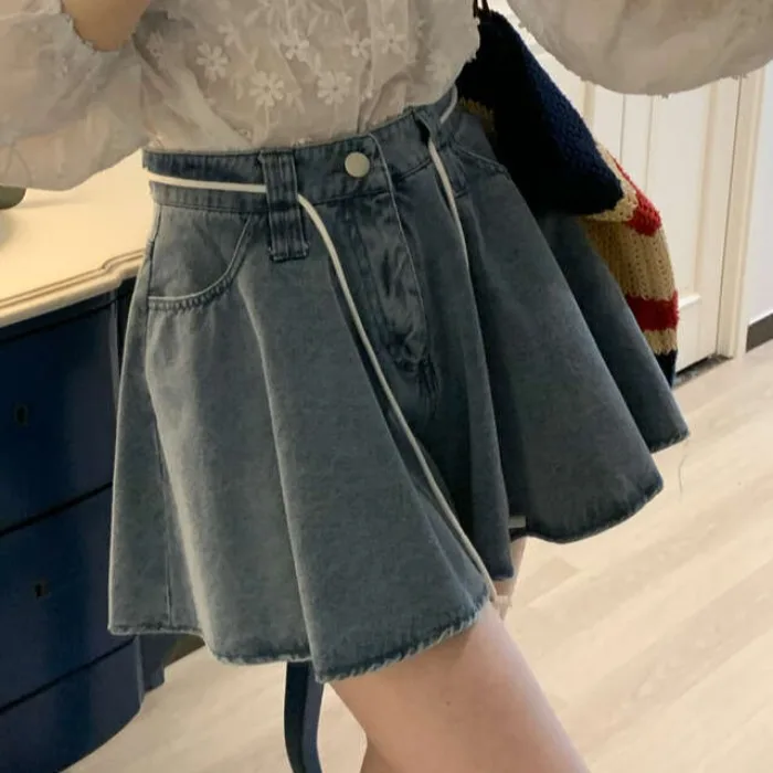 

High Waist Wide Leg Denim Jeans Women's Washed Rope Hanging Waist Slimming Sweetened Pleated Shorts Skirt Pants Trendy
