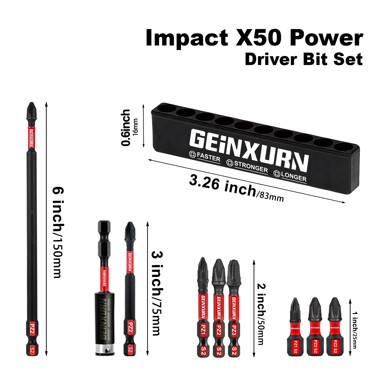 Geinxurn Pozidriv #1/#2/#3 Impact Tough Screwdriver Power Bit Set, S2 Alloy Steel Bit with Storage Organizer