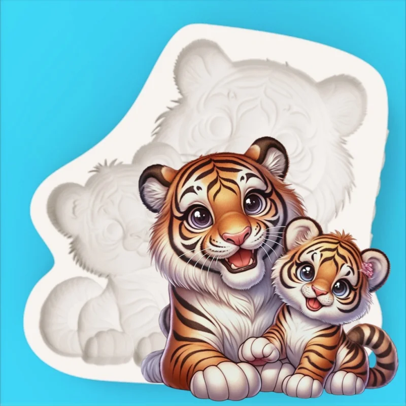 Warm and Cozy Tiger Cub Mold, Large and Small Tiger Hugging Each Other Design, Silicone Mold for Fondant Chocolate Making