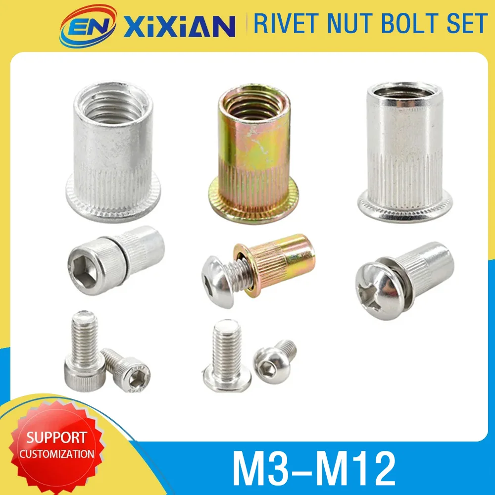 Metric Threaded Insert Rivet Nut, Parafuso De Aço Inoxidável Set, Aço Carbono Rivetnut, Alumínio Alloy Nuts Screw Kit, M3-M12