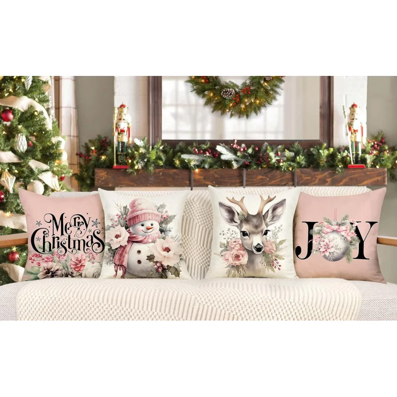 A set of 4 pink Christmas pillowcases for cottages snowmen deer joyful flowers Christmas decorations home sofas cushions