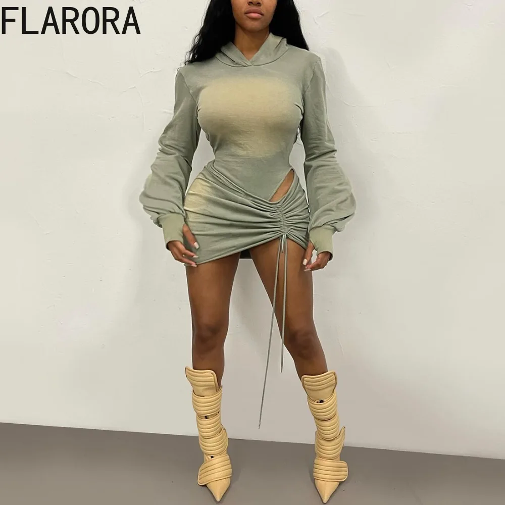 

FLARORA Sexy Tie-Dye 2 Piece Sets Woman Long Sleeve Backless Hooded Bodysuits and Shirring Ruched Skirts Midnight Party Clubwear