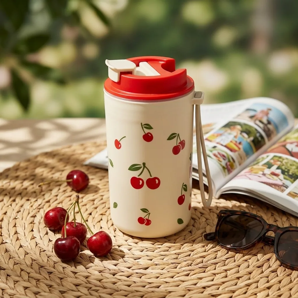Cute Kawaii Water Bottle with Straw Handle Dual Drink Leakproof Plastic Tumbler Microwave Safe Cherry Travel Cup Girls Drinkware