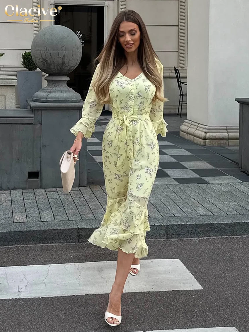 

Clacive Fashion Loose Print Women's Dress 2025 Casual V-Neck Long Sleeve Midi Dresses Elegant Classic Lace-Up Female Dress