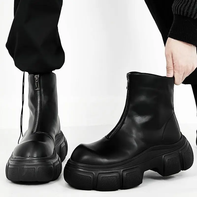 2024 British Style Thick-Soled Leather Chelsea Men\'s Height Increasing Mid-Top Big Head European and American Zipper Worker Boot