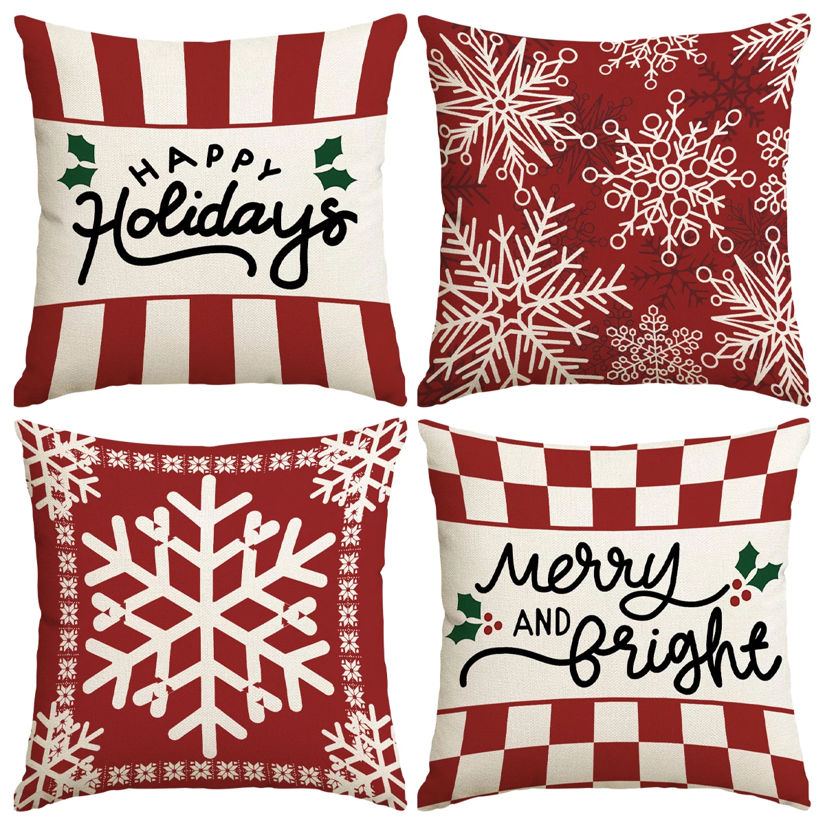 1/4pcs red Christmas pillowcase, multi shaped snowflake cushion cover, holly leaf Christmas greeting design, party decoration
