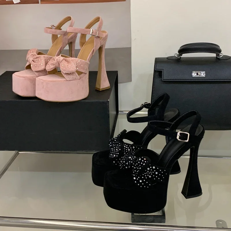 

Aneikeh Fashion Elegant Rhinestone Bow Buckle Strap Women Platform Sandals Sexy Uper High Heels Nightclub Prom Summer Shoes