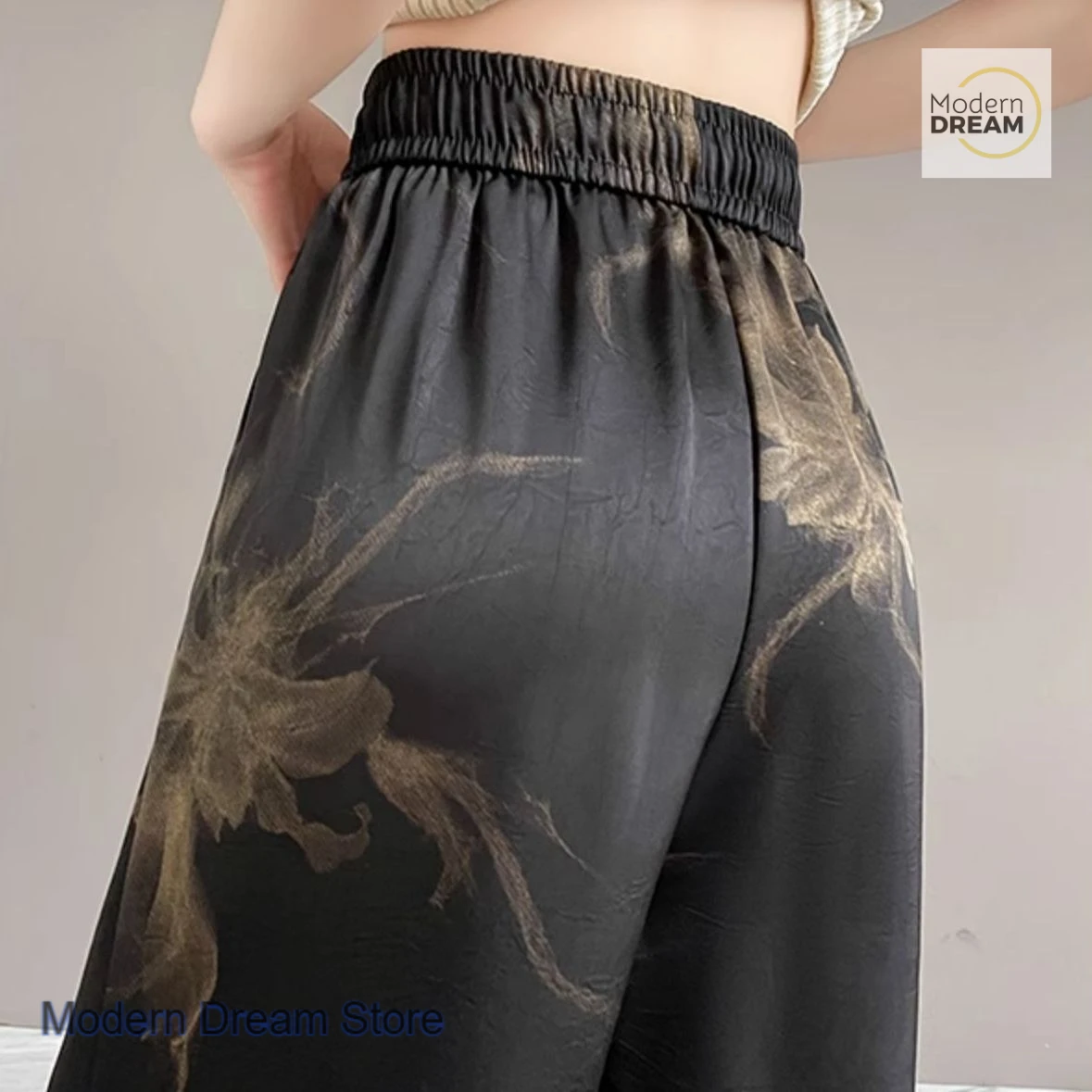 الكورية نمط الرجعية طلاء حبر التعادل مصبوغ واسعة الساق السراويل النسائية الصيف رقيقة رقيقة مطبوعة الساتان عارضة مهرج السراويل المستقيمة.