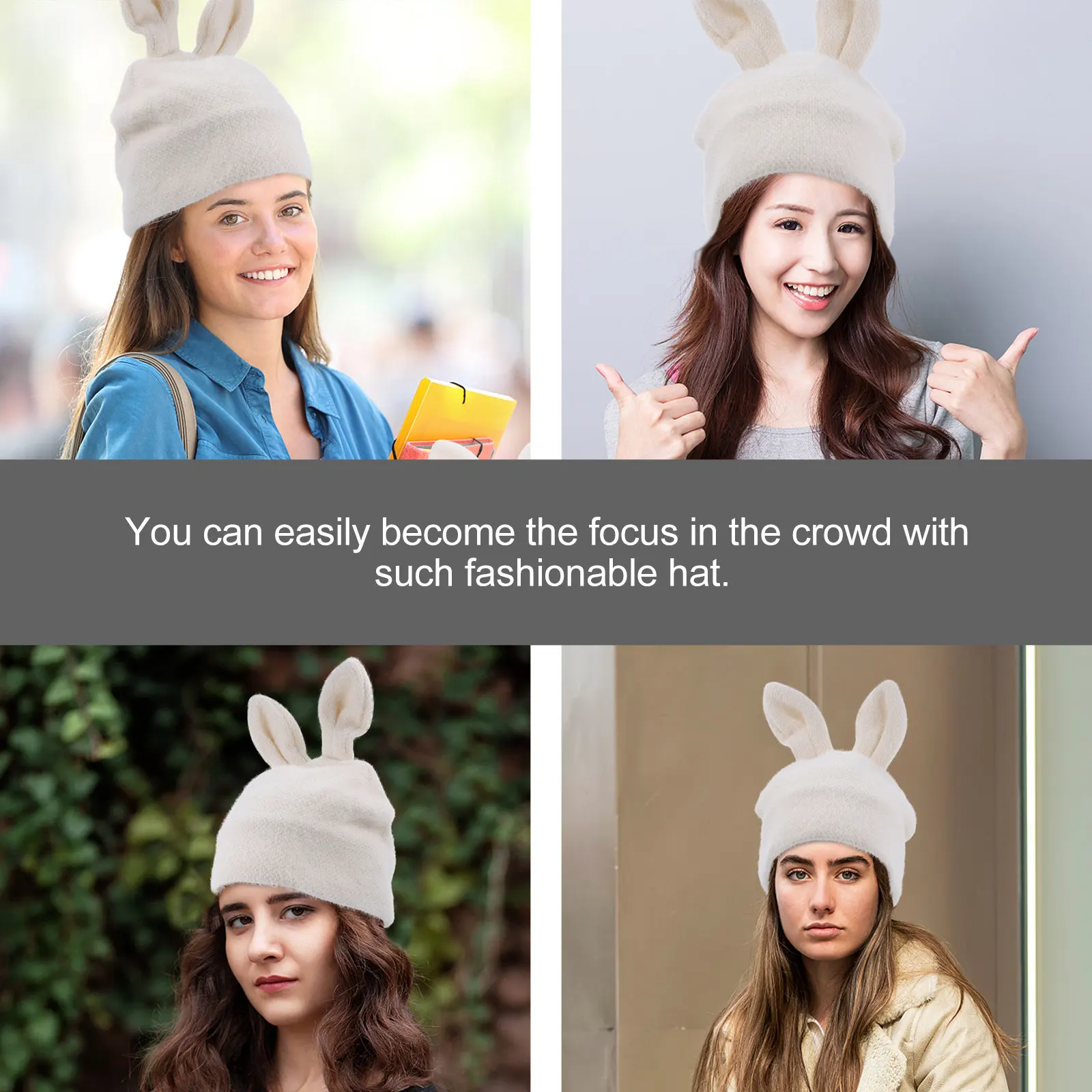 

Knitted Rabbit Ear Beanie for Girls Warm Winter Hat Wool Blend Soft Elastic Ear Flap Stylish Casual Headwear Fashion Accessory