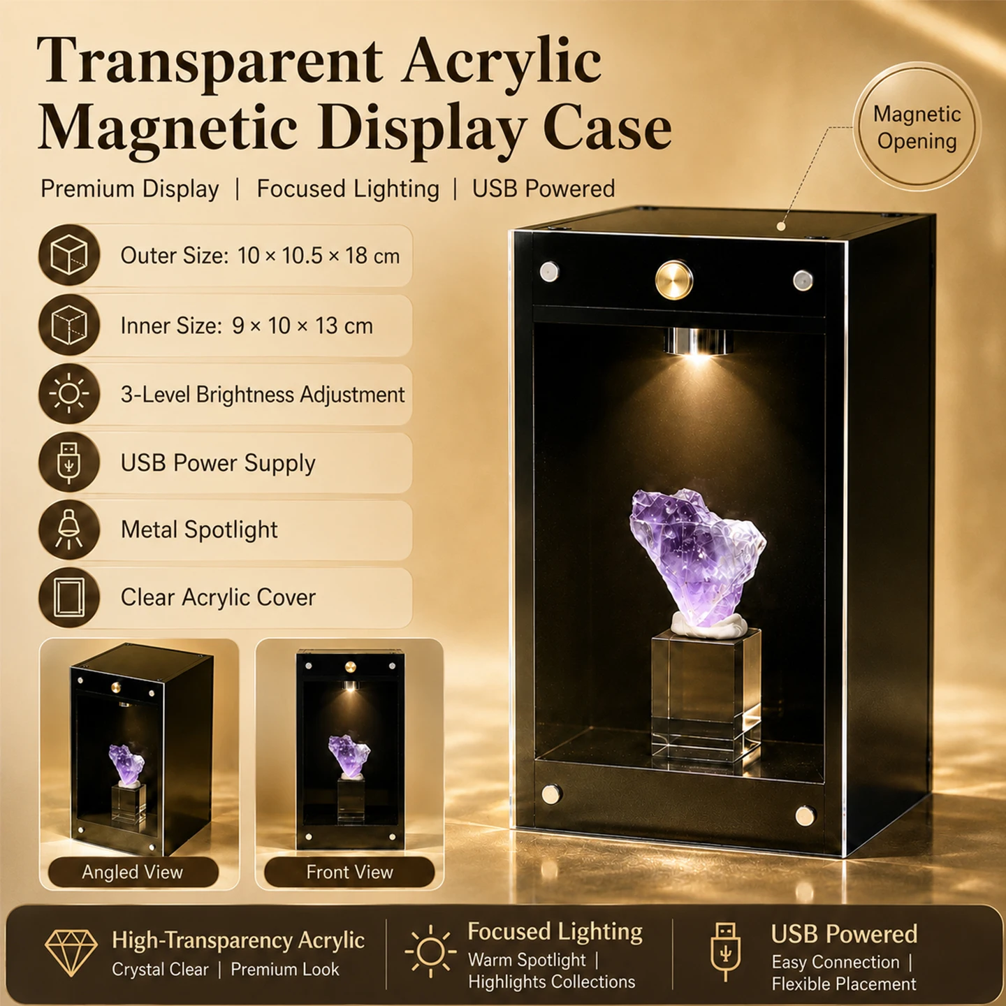 

LED Lighted Transparent Acrylic Magnetic Display Case Jewelry Stone Box - Clear Storage Showcase for Precious Gems