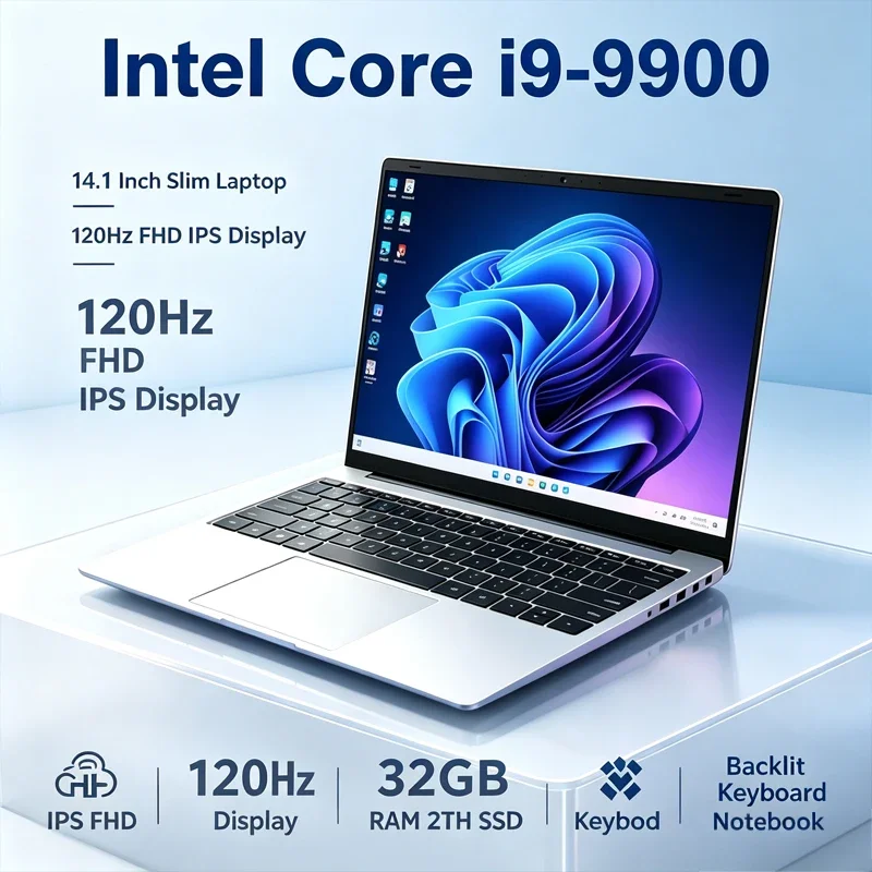 14.1 Inch Laptop 120Hz FHD IPS Display Windows 11 Intel I9-9900 32GB RAM 2TB Fast SSD Backlit Keyboard Long Endurance Battery