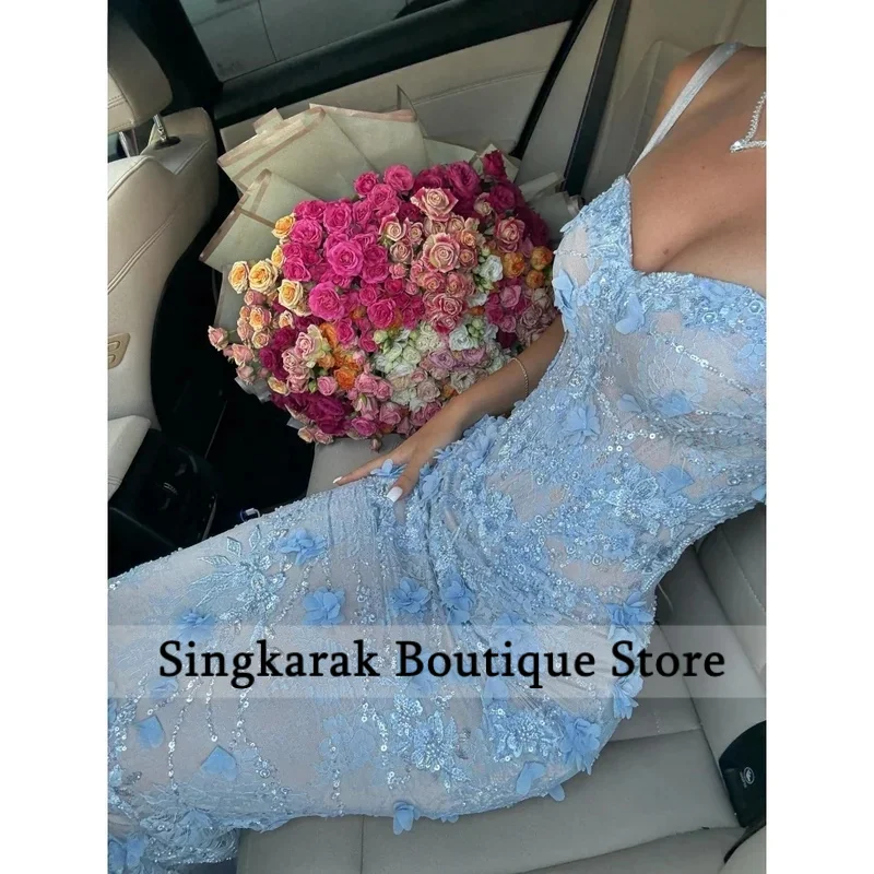Customized Blue 3D Flowers Mermaid robes de soirée Strapless Backless Sleeveless Party Dresses Floor-Length Prom Dress