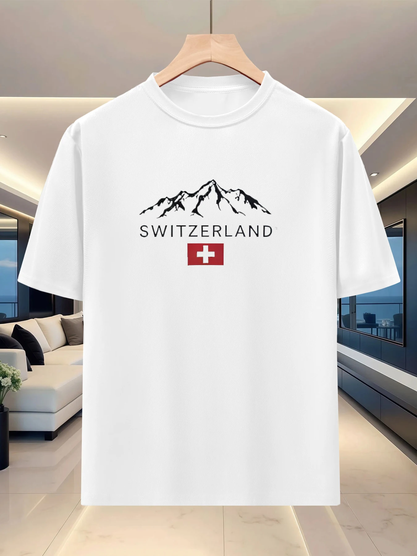 Men's crew-neck short-sleeved T-shirt - Summer relaxed fit - Swiss mountain pattern print - Versatile crew-neck top