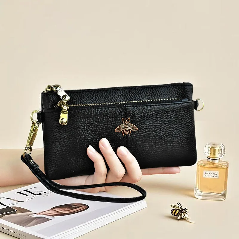 Women's Full-Grain Leather Clutch Bag Bee Embellishment Multi-Color Casual Minimalist Small Square Bag for IPhone & Small Items