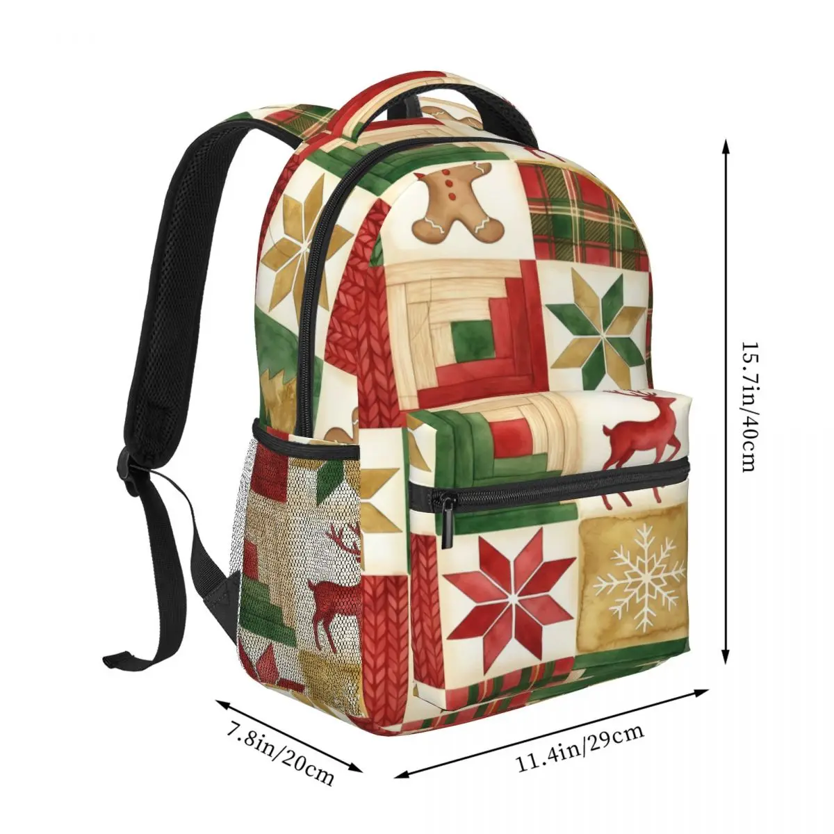 Santa Snow Student Backpack Grid Christmas Motifs Quilt Squares Watercolor Folk Christmas Red Green Holiday Bookbag for Girls