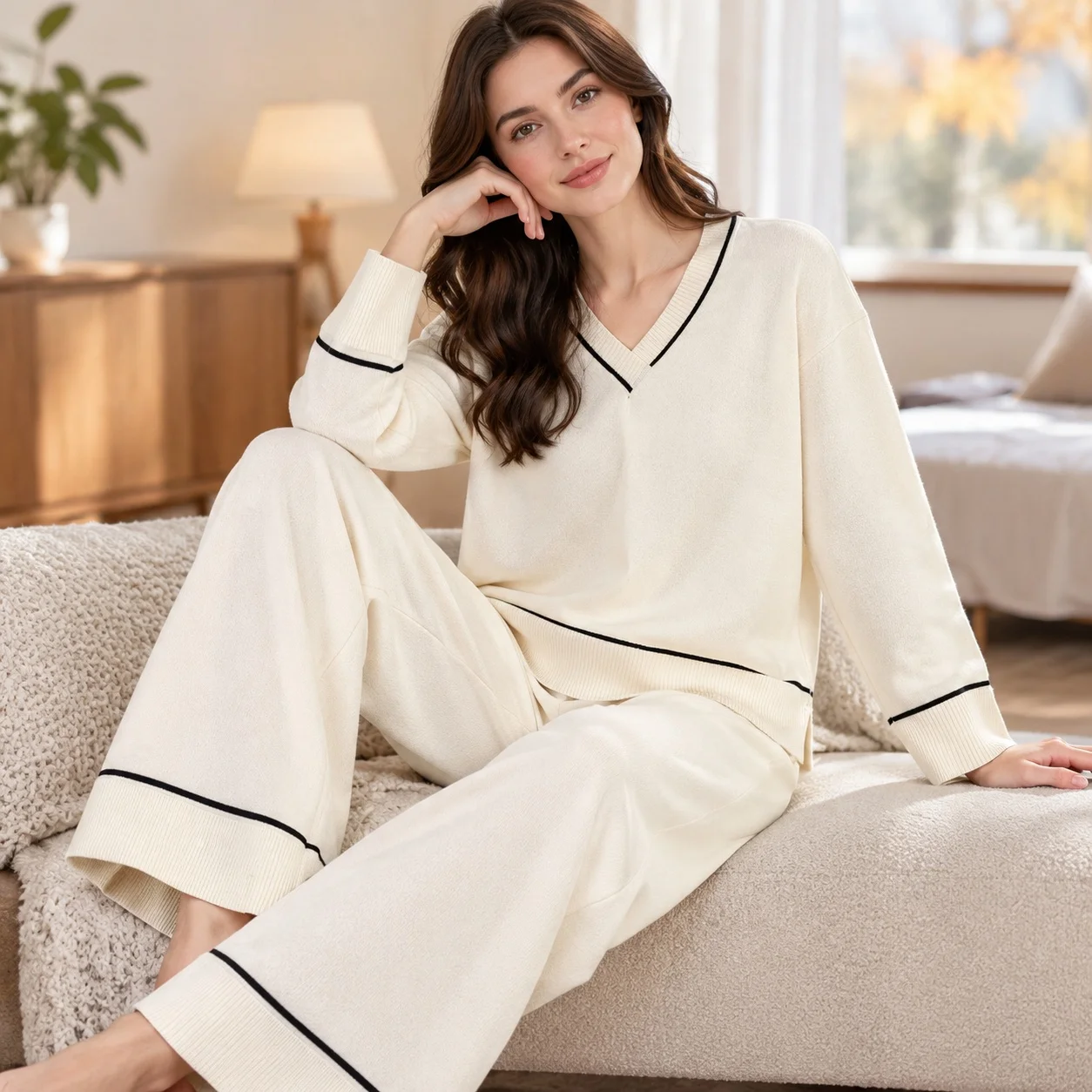 Loose Fit Top Casual Wide Leg Elegant with Pants Winter Full Length Pants Set Sweater Set Autumn Winter Autumn for Women