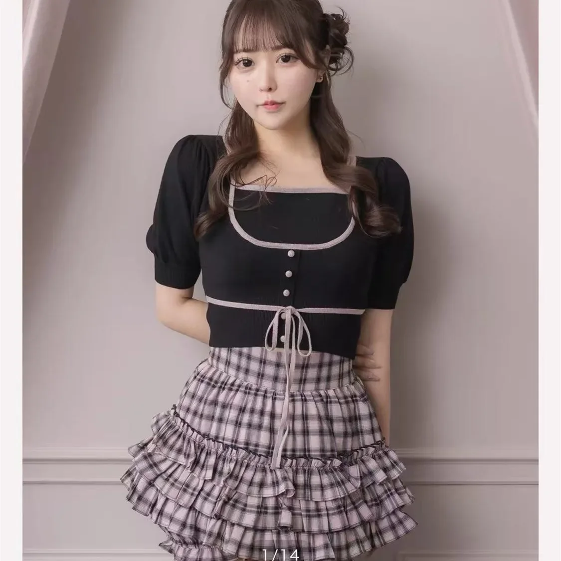 Japanese Original Sweet Doll Feeling Lolita Fake Two-piece Knitted T-shirt U-neck Retro Fashion Slim Short-sleeved Top