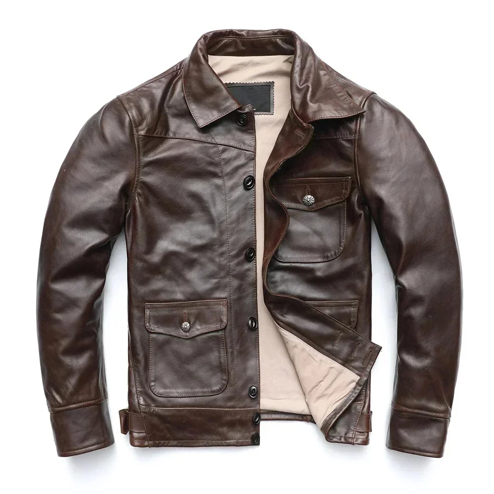 Men Leather Jacket Thick Turn Down Collar Dark Brown Solf Oil Wax Cowhide Skin Winter Coat Asian Size M-3XL M505