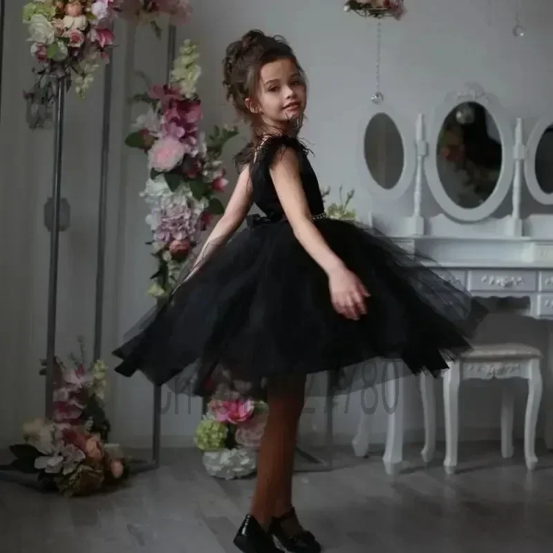 Flower Girl Dress Black Feathers Jewel Ruffles Backless Princess Baby Girl Wedding Princess Birthday Party First Communion Gown